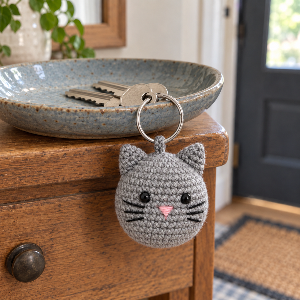 Grey crochet cat charm hanging from a silver ring attached to two keys in a blue-grey ceramic dish by the front door.