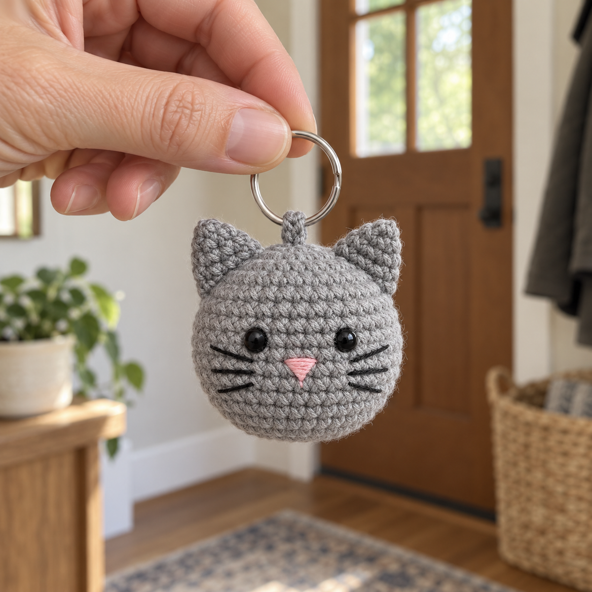 An adult hand holding a small grey crochet cat charm by its silver ring in a home entryway.