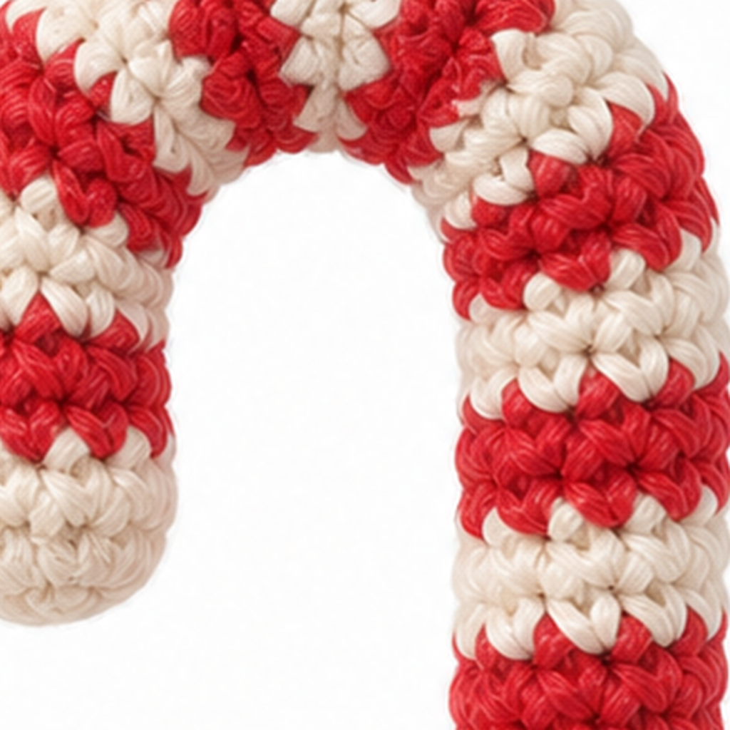 Close-up of the stitches on the Candy Cane crochet charm
