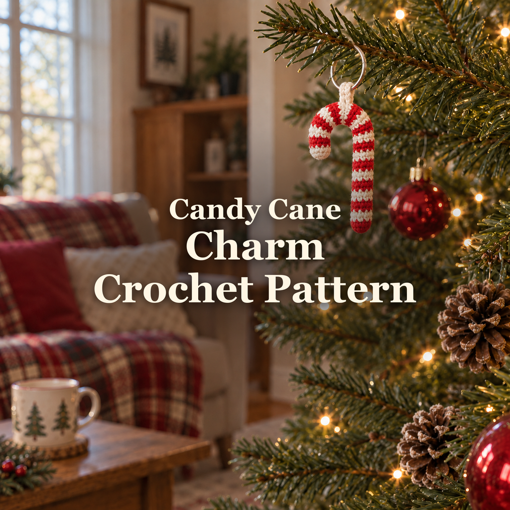 Red and off-white crochet candy cane charm hanging from a silver ring on a Christmas tree branch in a cosy living room, with the title Candy Cane Charm Crochet Pattern.