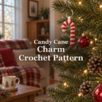 Red and off-white crochet candy cane charm hanging from a silver ring on a Christmas tree branch in a cosy living room, with the title Candy Cane Charm Crochet Pattern.