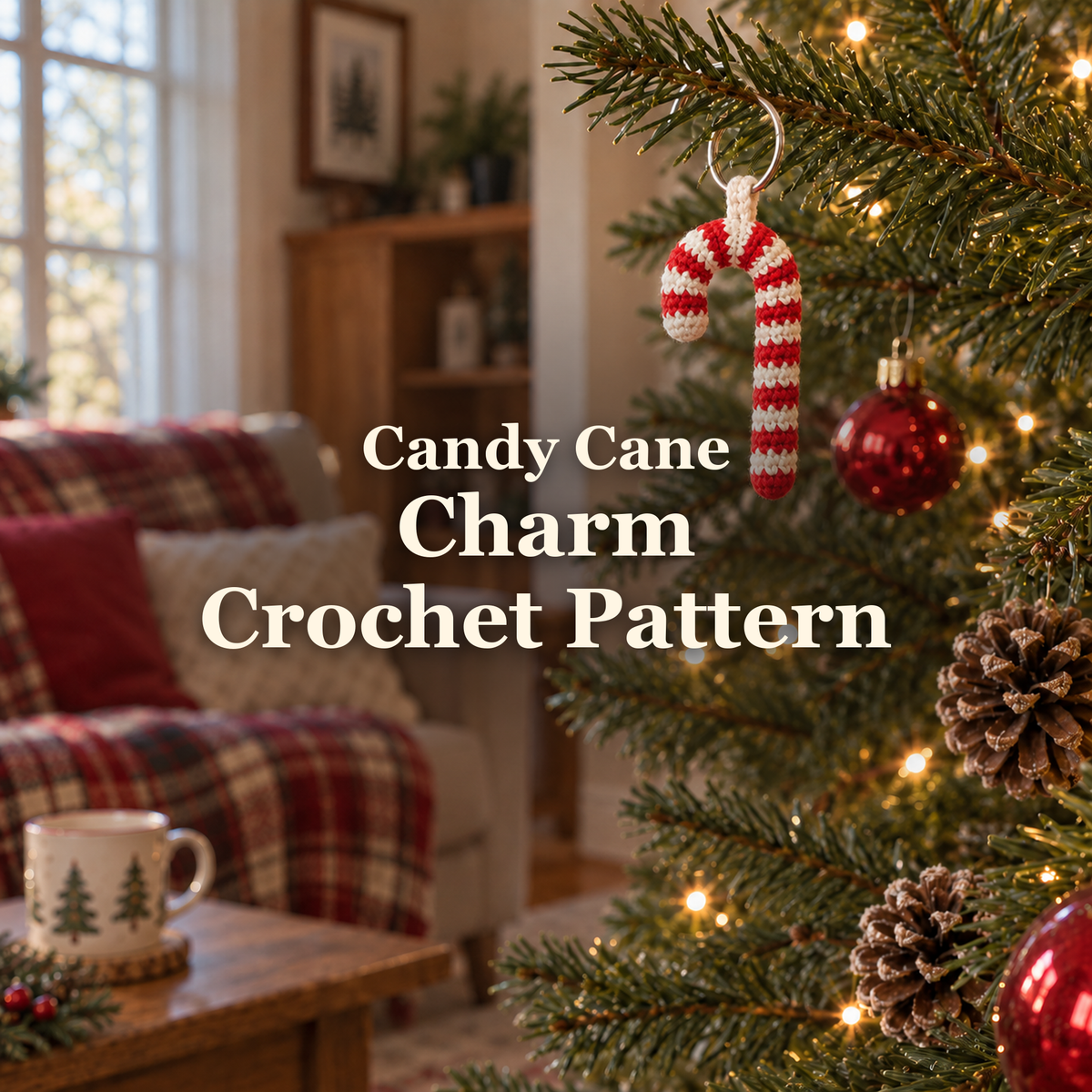 Red and off-white crochet candy cane charm hanging from a silver ring on a Christmas tree branch in a cosy living room, with the title Candy Cane Charm Crochet Pattern.