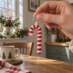 An adult hand holding a red and off-white crochet candy cane charm by its silver ring near a wooden table in a Christmas kitchen.