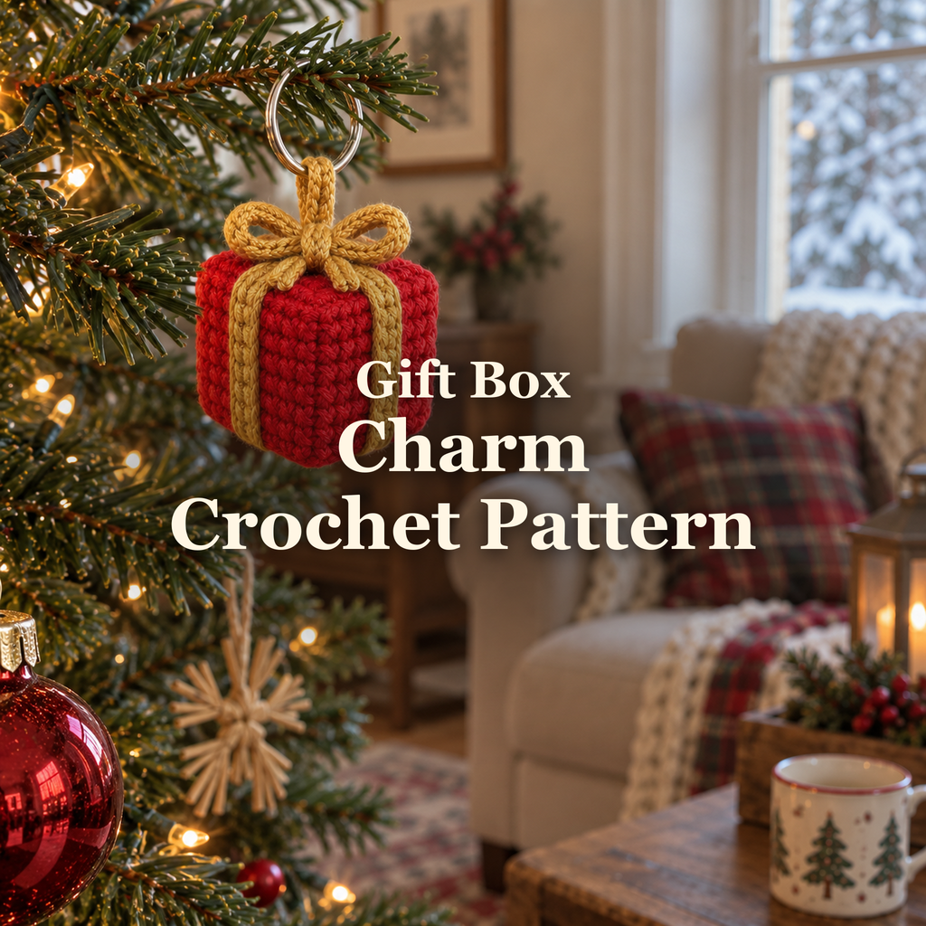 Red crocheted gift box charm with a gold bow hanging from a Christmas tree branch beside a living-room window.