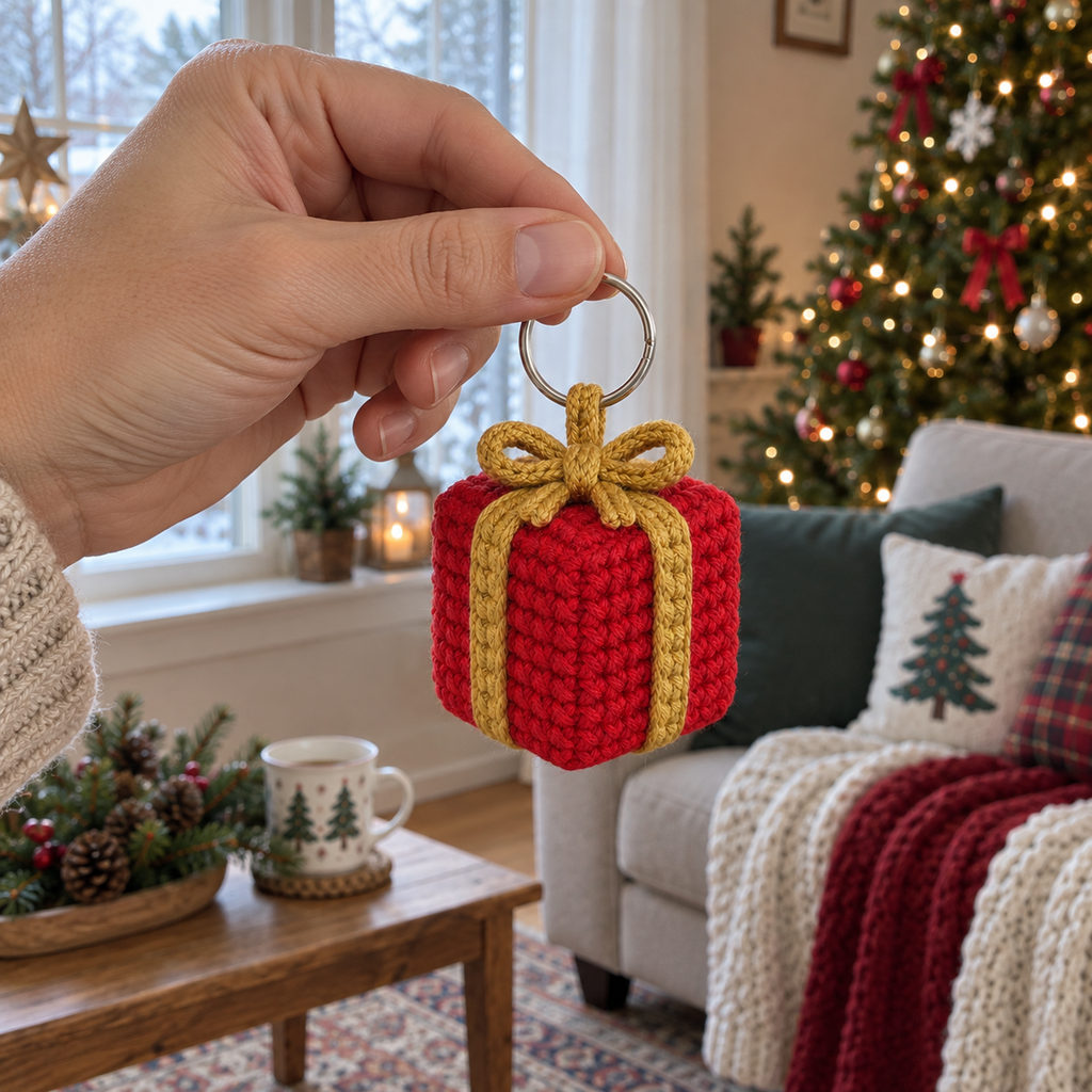An adult hand holds the silver ring of a small red crocheted gift box charm with gold ribbons and a bow.