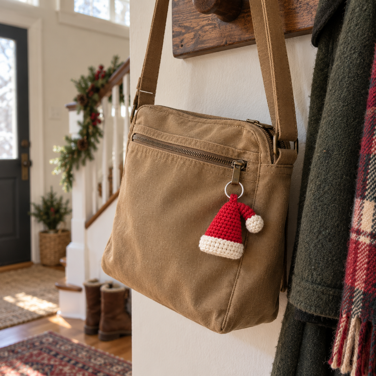 A small red and off-white crochet Santa hat charm hangs from the zipper of a tan canvas bag in a home entryway with Christmas greenery.
