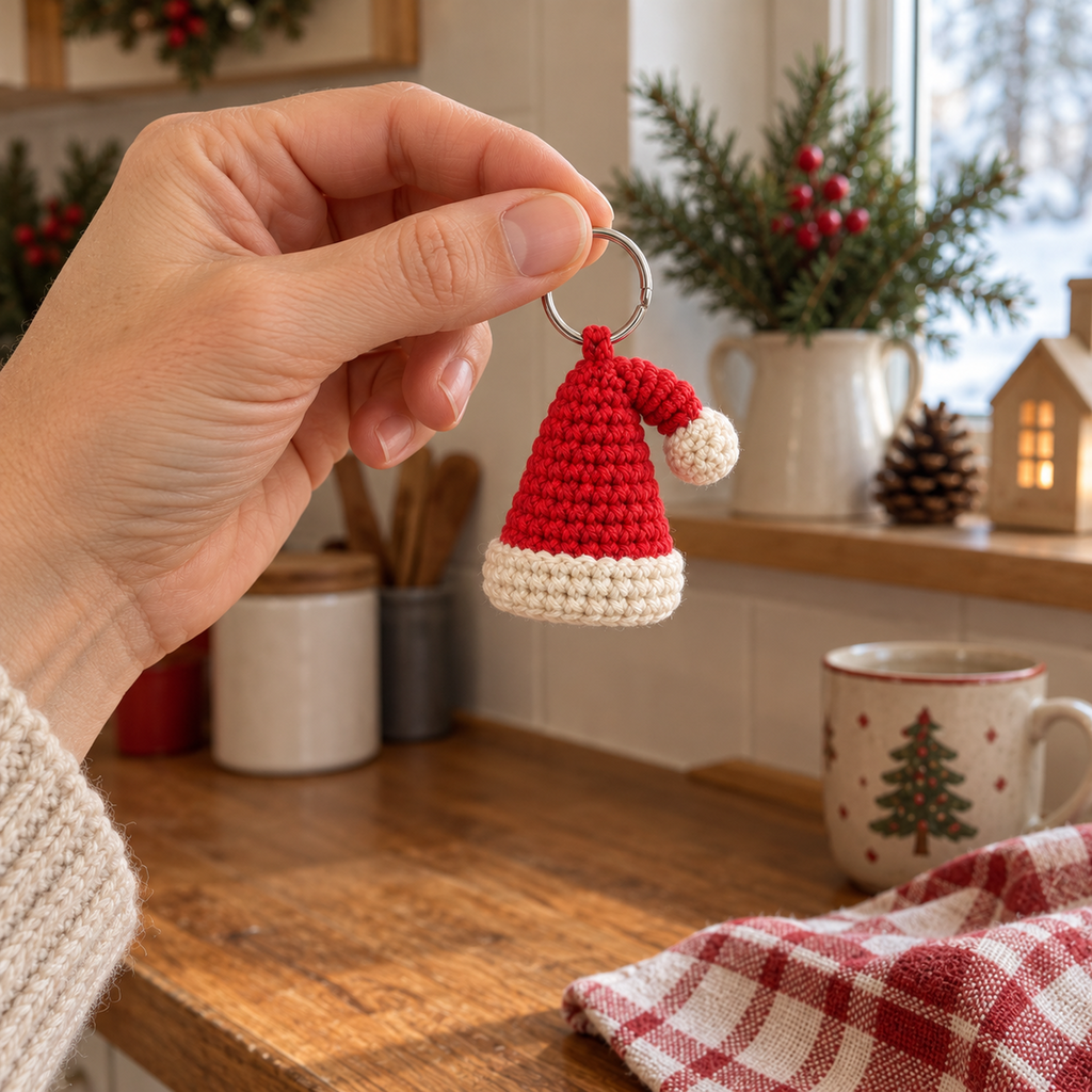 An adult hand holds a small red crochet Santa hat with an off-white brim and pom by its silver ring beside a kitchen window.