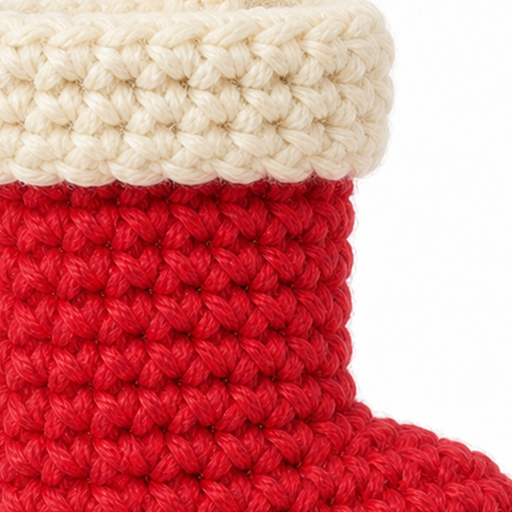 Close-up of the stitches on the Christmas Stocking crochet charm