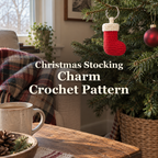 A red crochet Christmas stocking charm with an off-white cuff hangs by a silver ring from a fir branch beside a sofa and wooden table, with the title Christmas Stocking / Charm / Crochet Pattern.