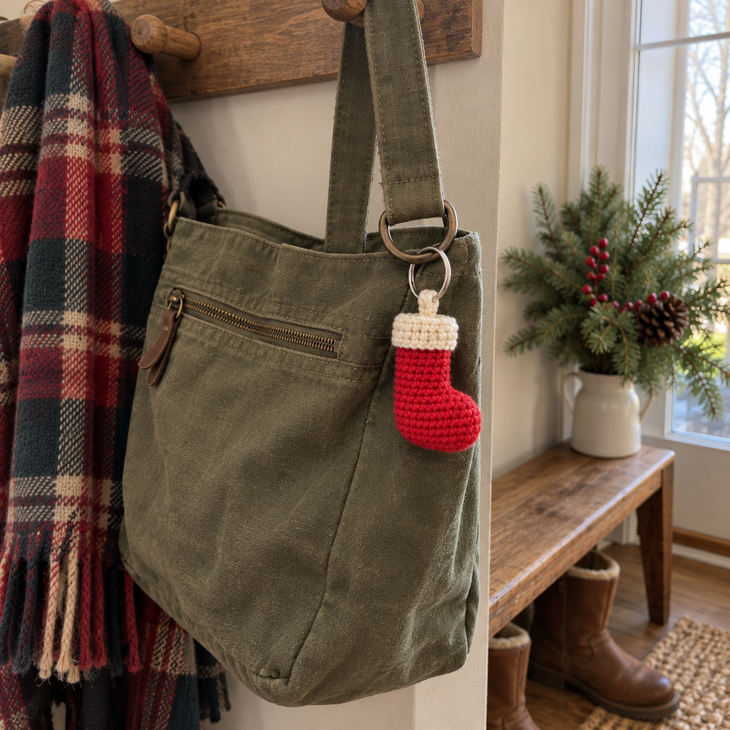 A small red crochet stocking charm with an off-white cuff hangs from the metal ring of an olive canvas bag beside a plaid scarf and a sunlit window.
