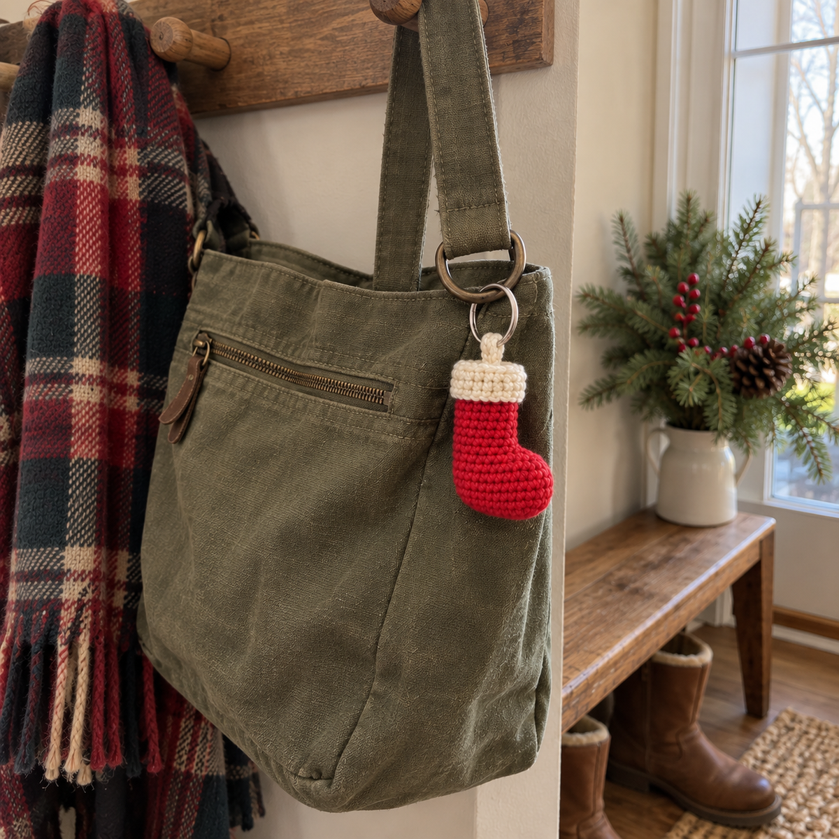 A small red crochet stocking charm with an off-white cuff hangs from the metal ring of an olive canvas bag beside a plaid scarf and a sunlit window.