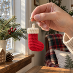 An adult hand holds a red crochet stocking charm by its silver ring near a sunlit window, with its off-white cuff and rounded toe visible.