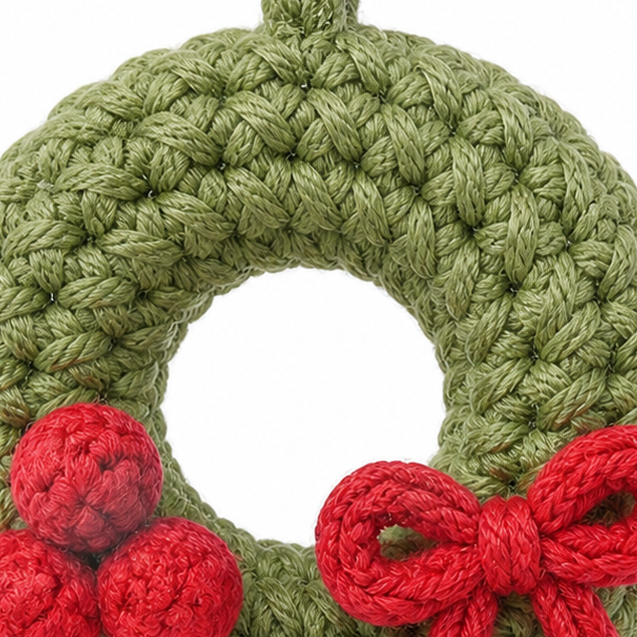 Close-up of the stitches on the Christmas Wreath crochet charm