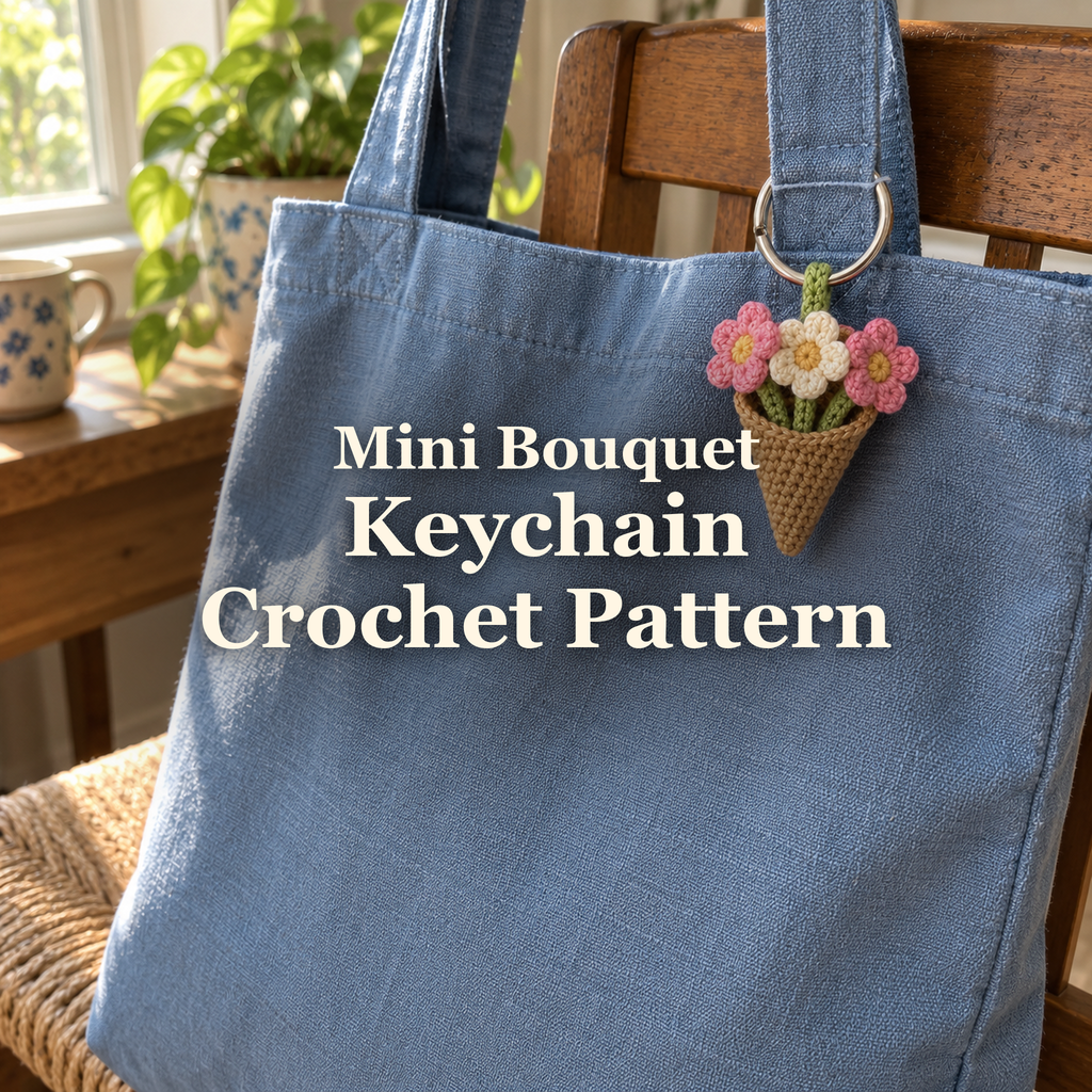 Mini bouquet crochet keychain with two pink flowers and one cream flower, yellow centres, green stems and a kraft-coloured wrap hanging from a blue canvas tote beside a home window, with the Mini Bouquet Keychain Crochet Pattern title.