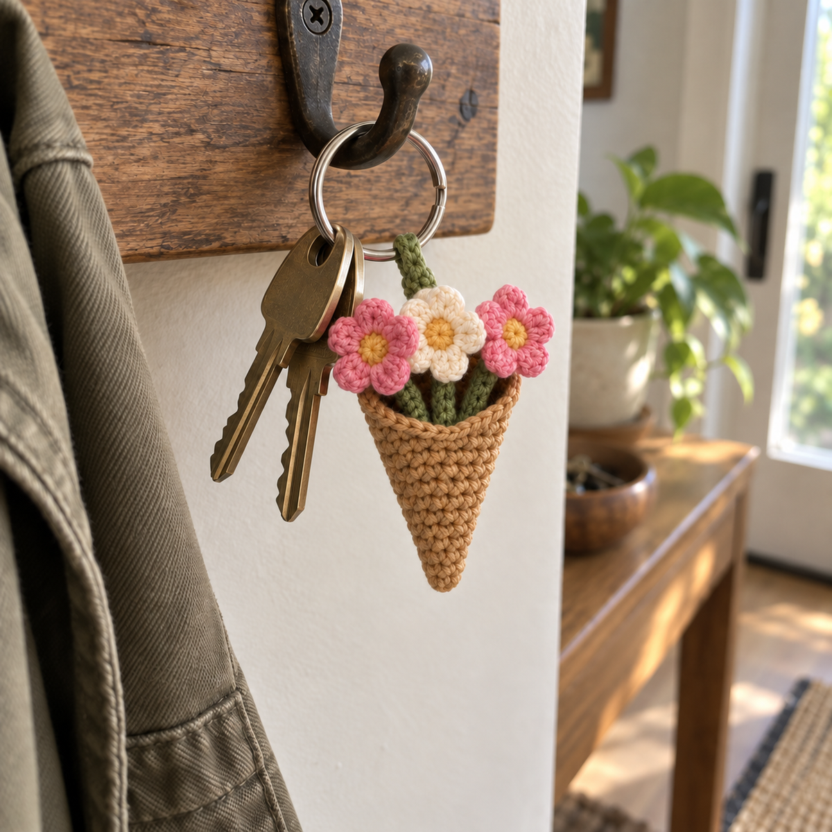 Mini bouquet crochet keychain with pink and cream flowers in a kraft-coloured wrap hanging beside two house keys on a wooden entryway hook.