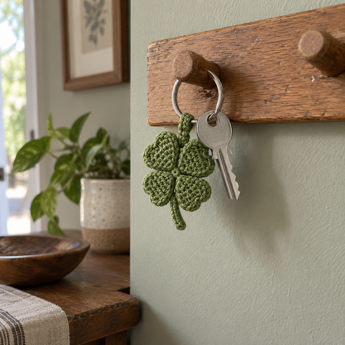 Green four-leaf clover crochet keychain and a silver house key hanging together from a wooden wall peg in a home entryway.