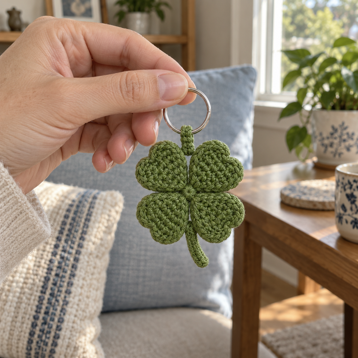 An adult hand holding a green four-leaf clover crochet keychain by its silver ring beside a living-room window.