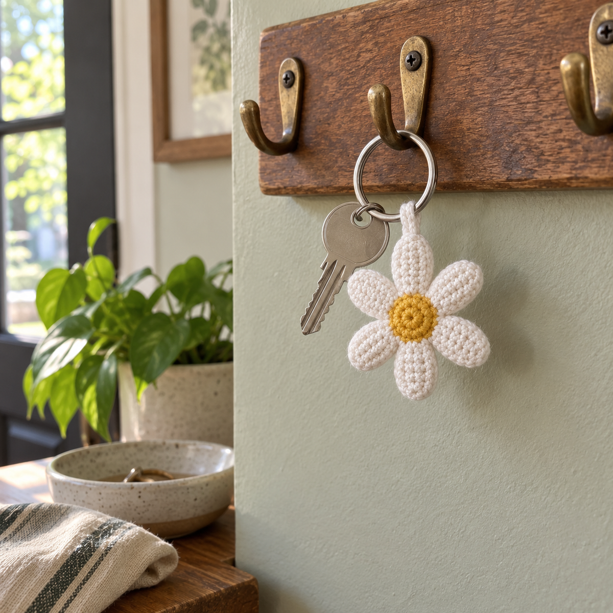 White crochet daisy keychain with a yellow centre hanging with a house key from a brass hook on a wooden key board in a home entryway.