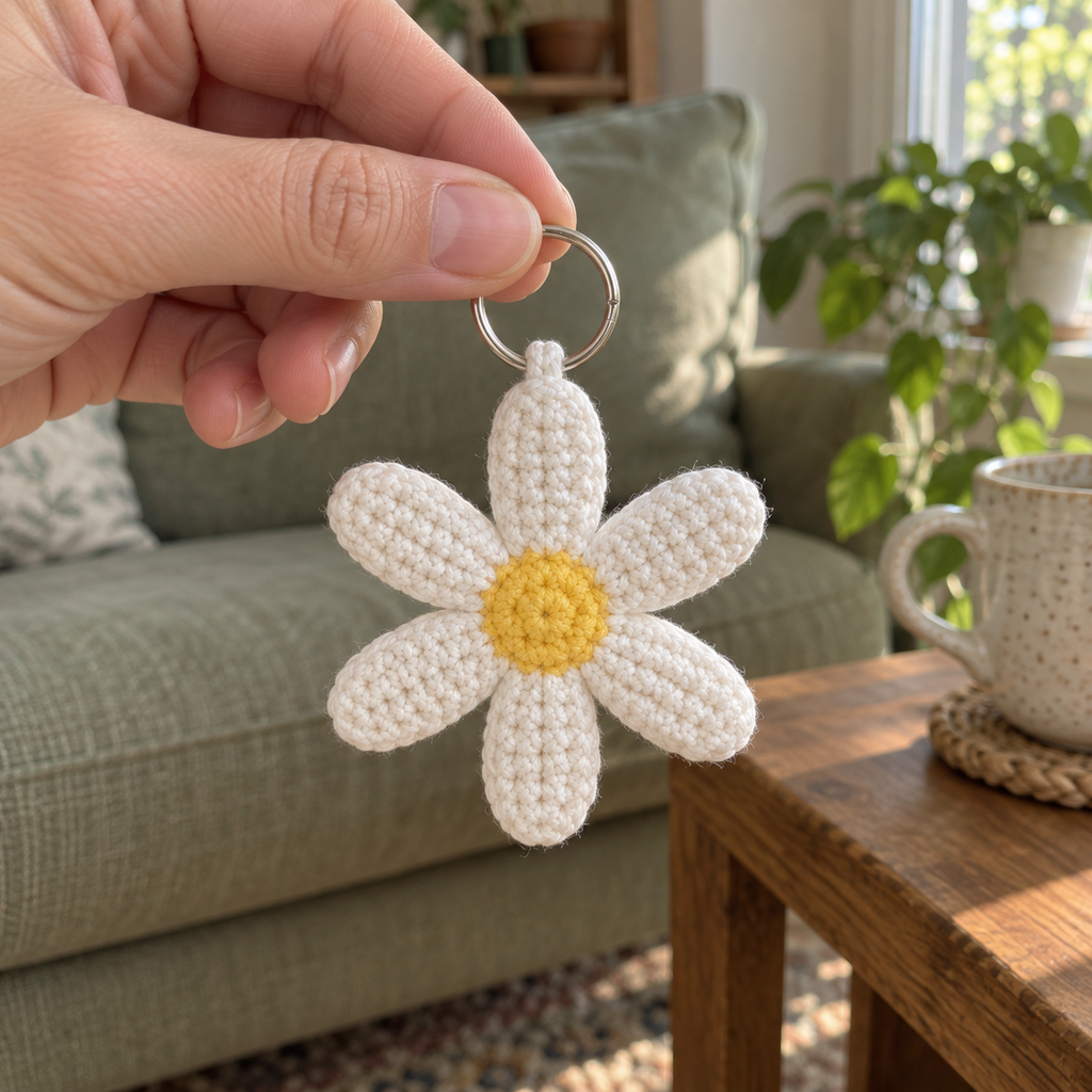 An adult hand holding the silver ring of a white and yellow crochet daisy keychain beside a sofa and wooden side table.