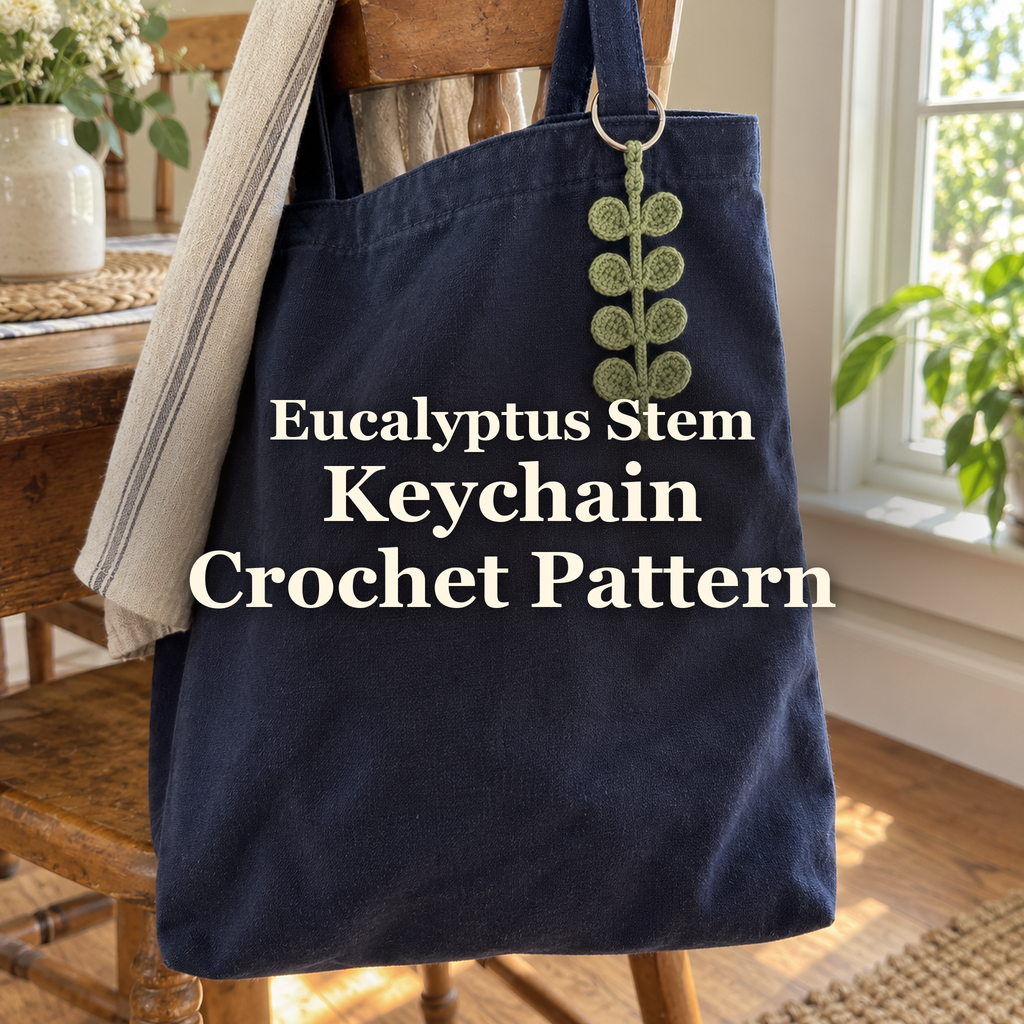 Sage-green crochet eucalyptus keychain hanging from a navy canvas bag on a wooden chair beside a sunlit home window, with the product title across the bag.