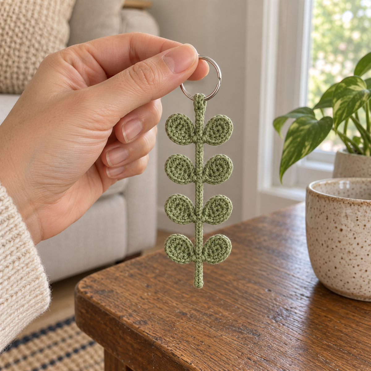 An adult hand holding the silver ring of a sage-green crochet eucalyptus keychain beside a home window and wooden side table.