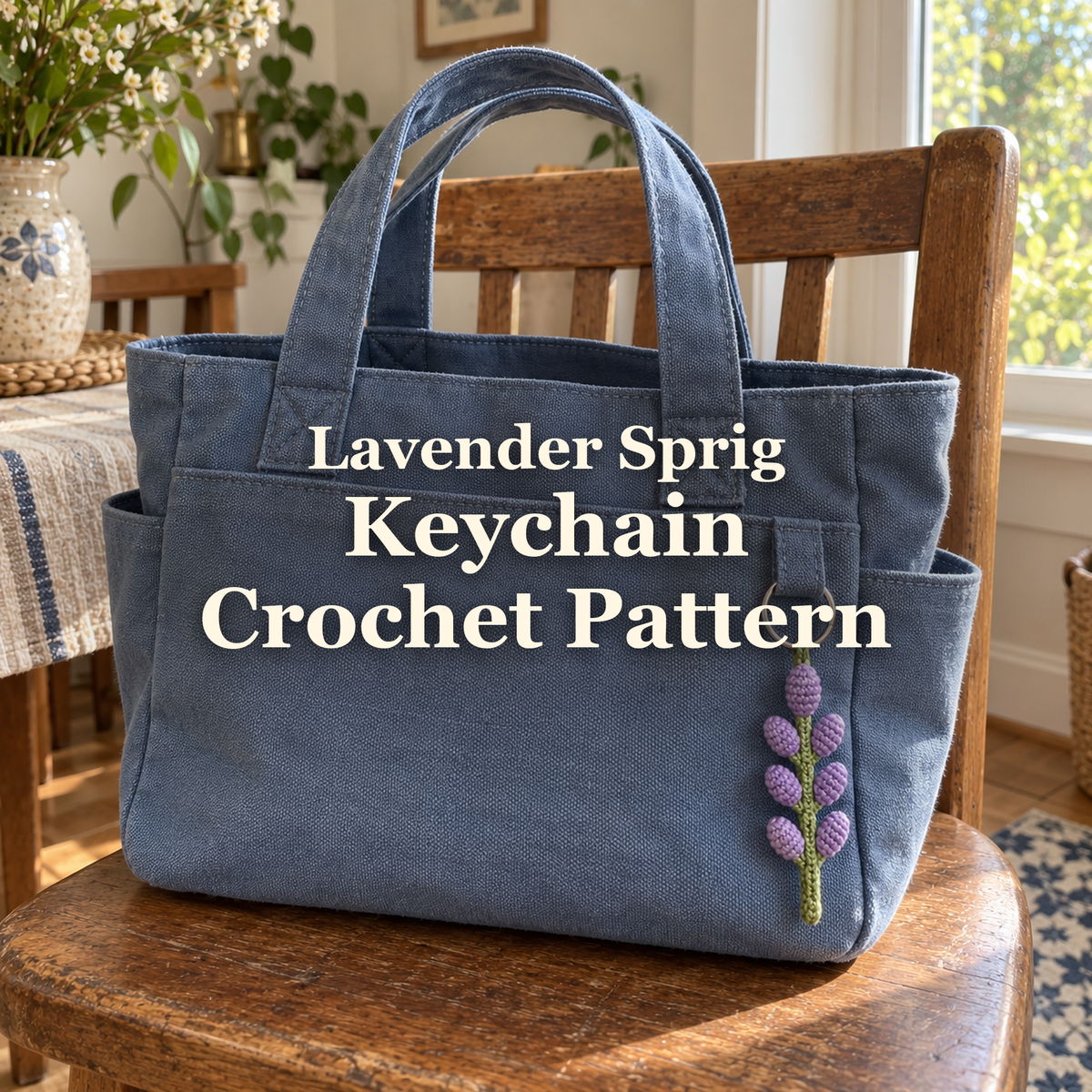 Purple crochet lavender sprig keychain hanging from the front pocket of a blue canvas bag on a wooden chair beside a sunny window.
