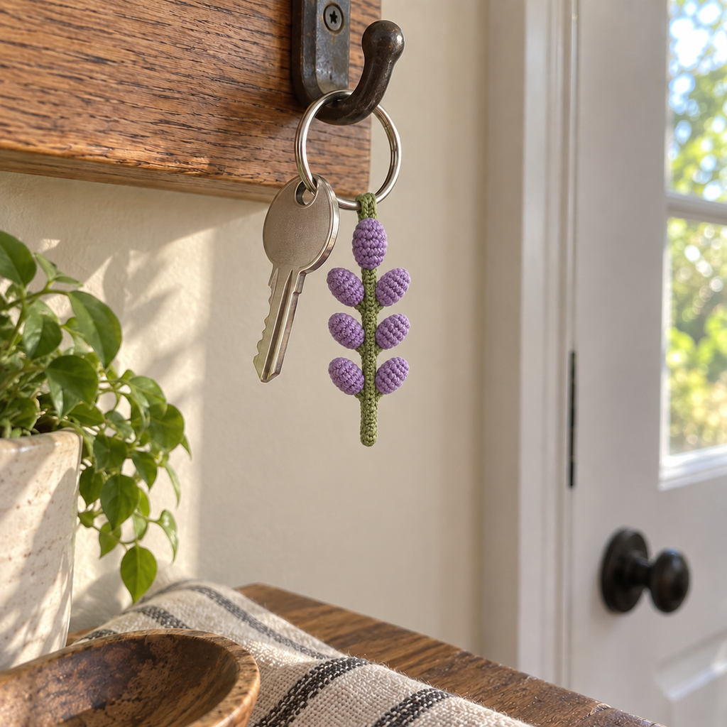 Purple crochet lavender sprig keychain hanging beside a silver house key from a hook on a wooden key rail near the front door.