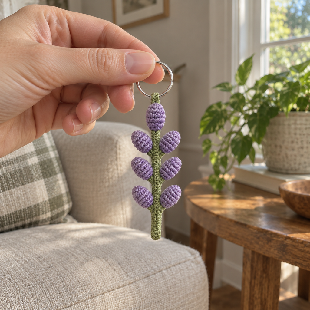 An adult hand holding the silver ring of a purple crochet lavender sprig keychain in front of a linen armchair and wooden side table.