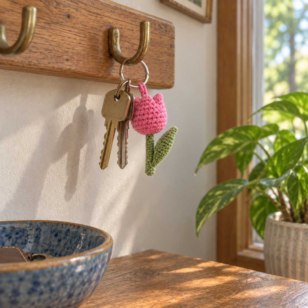Pink crochet tulip keychain hanging beside house keys from a brass hook above a wooden console near a window.