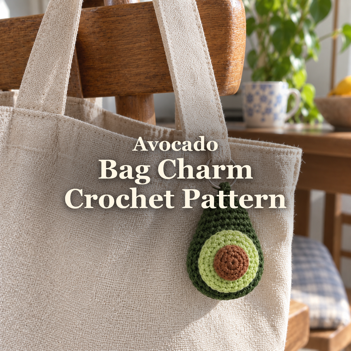 Green crochet avocado charm with pale-green flesh and a brown pit hanging from a linen tote on a wooden chair, with the title Avocado Bag Charm Crochet Pattern.