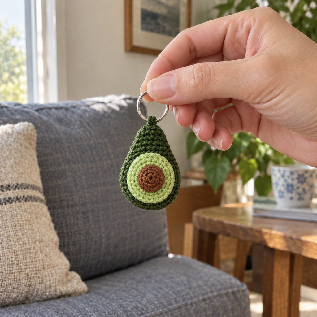 An adult hand holding a small green crochet avocado charm by its silver keyring in front of a linen sofa.