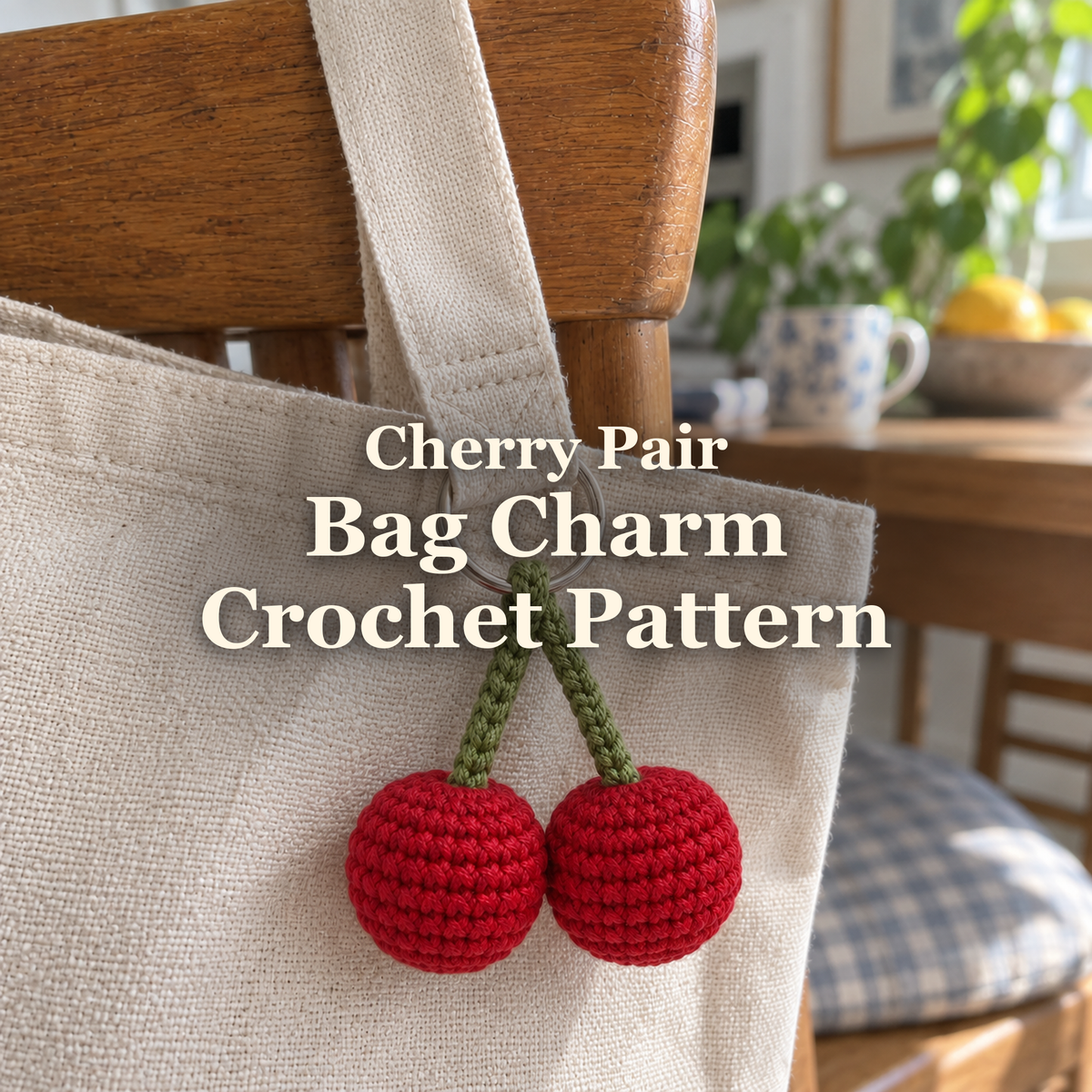 Two red crochet cherries with green stems hang from a silver ring on an oatmeal canvas tote draped over a wooden chair, with the title Cherry Pair Bag Charm Crochet Pattern.