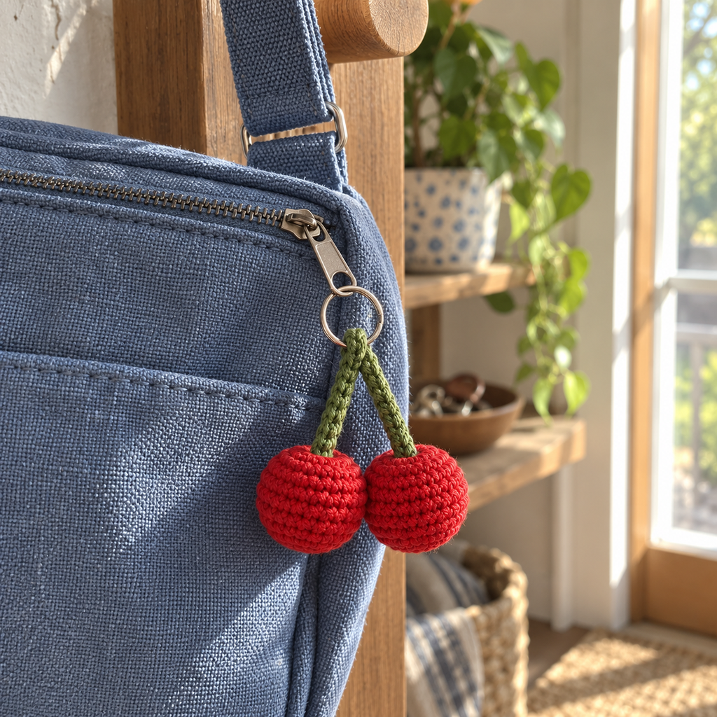 A red crochet cherry pair with green stems hangs from the zipper pull of a blue crossbody bag beside a sunny home window.