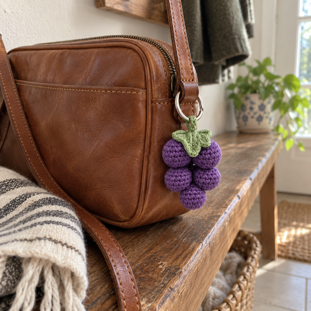 Purple crochet grape cluster with a green leaf hanging from a brown leather bag beside a striped scarf on a wooden entryway bench.