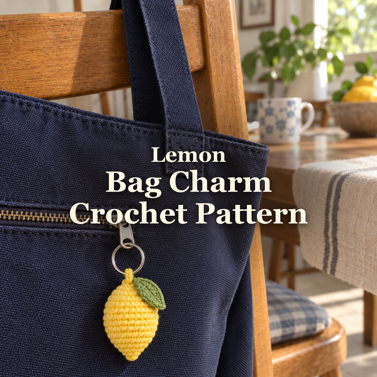 Yellow crocheted lemon charm with one green leaf hanging from the zipper of a navy canvas bag on a wooden chair, with the title Lemon Bag Charm Crochet Pattern.
