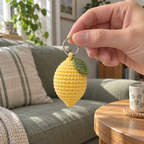 An adult hand holding the silver ring of a small yellow crocheted lemon charm with one green leaf near a sofa and wooden side table.