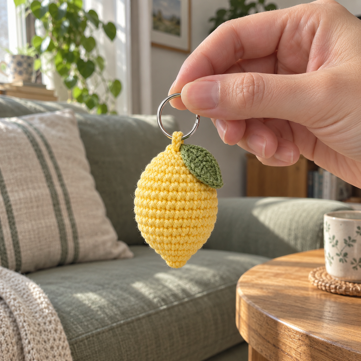An adult hand holding the silver ring of a small yellow crocheted lemon charm with one green leaf near a sofa and wooden side table.