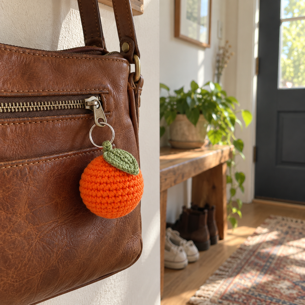 Orange crochet bag charm with a green leaf hanging from the zipper ring of a brown leather handbag in a sunlit home hallway.