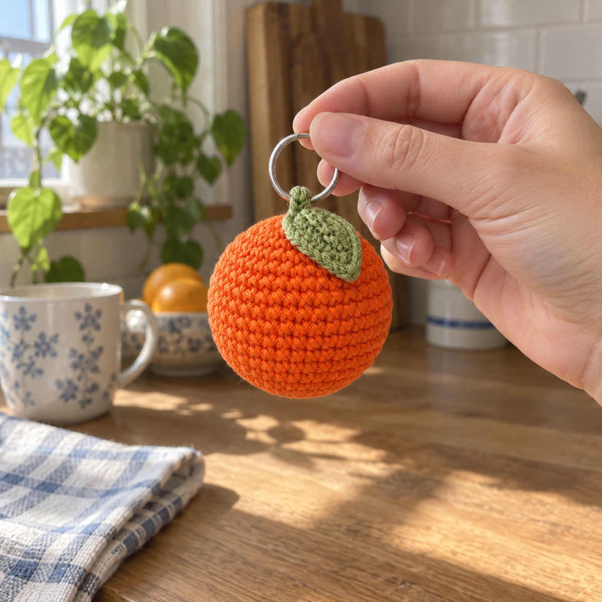An adult hand holding the silver ring of an orange crochet bag charm with a green leaf above a wooden kitchen counter.