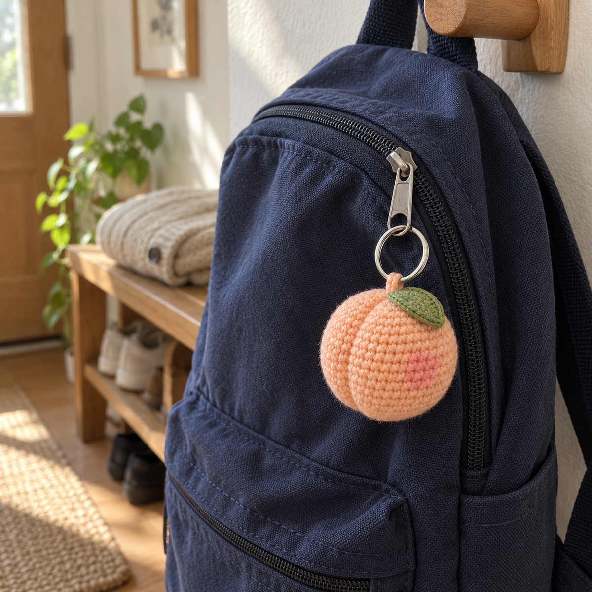 A peach crochet bag charm with a pink cheek and green leaf hangs from the zipper of a navy backpack in a sunlit home entryway.