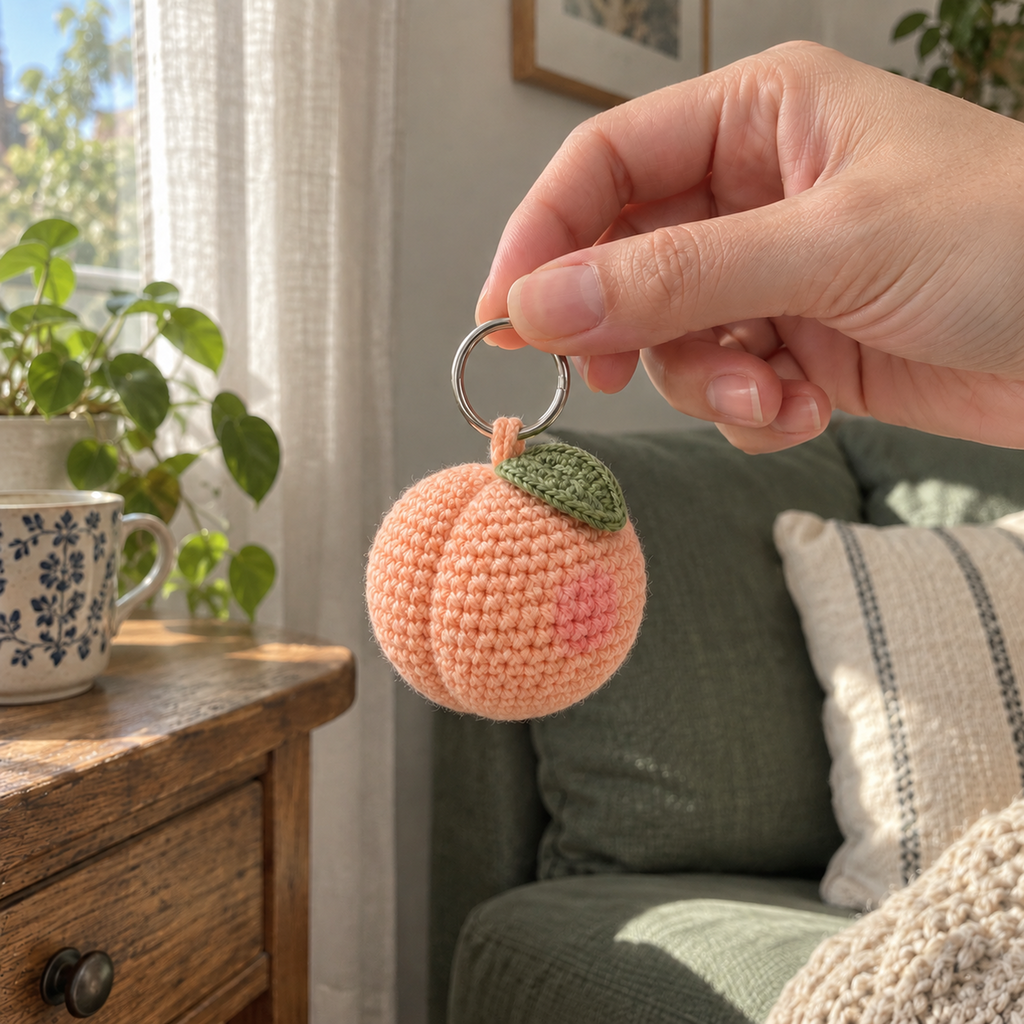 An adult hand holds the silver ring of a peach crochet bag charm, with its pink cheek and green leaf visible in front of a green sofa.