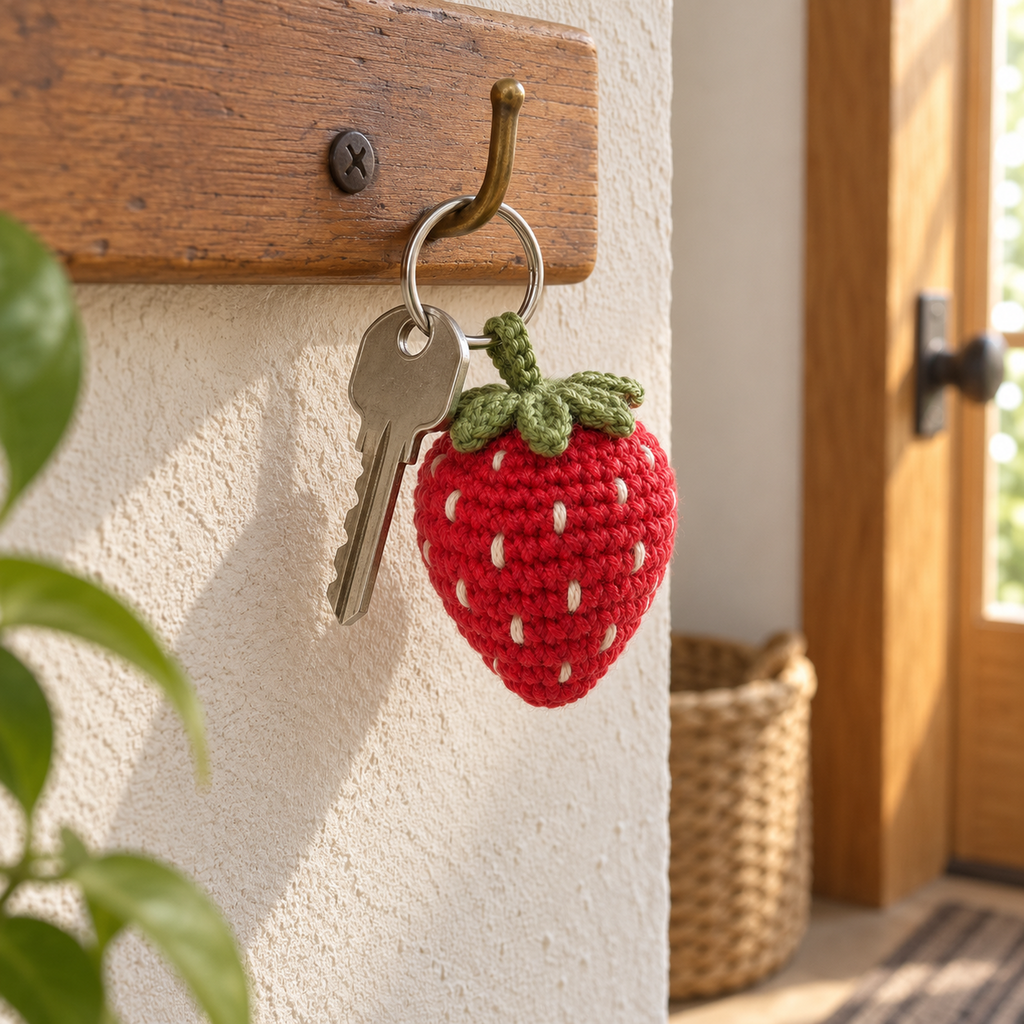 Red crochet strawberry charm with a green leafy crown and off-white seeds hanging beside a silver house key on a brass hook in a sunlit home entryway.