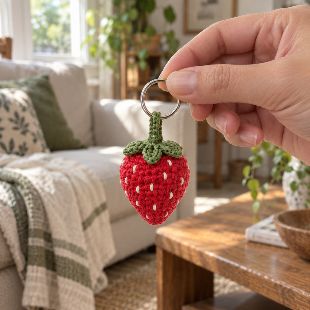 An adult hand holding the silver ring of a red crochet strawberry charm with green leaves and off-white seeds in front of a sunlit living-room sofa.