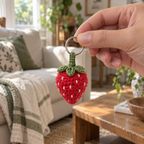 An adult hand holding the silver ring of a red crochet strawberry charm with green leaves and off-white seeds in front of a sunlit living-room sofa.