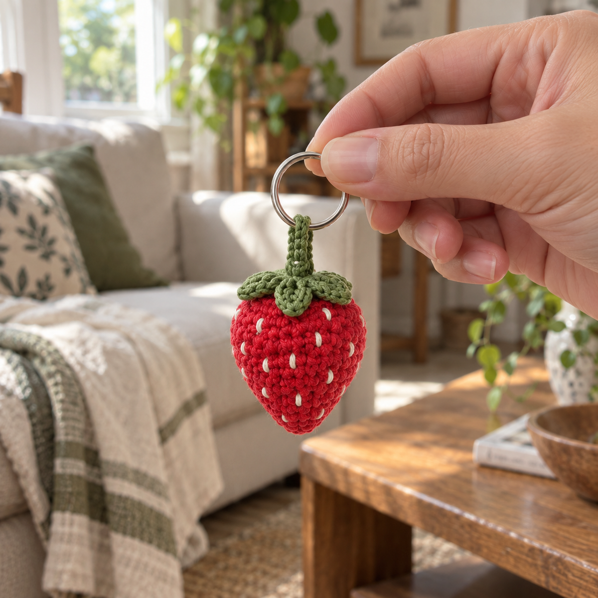 An adult hand holding the silver ring of a red crochet strawberry charm with green leaves and off-white seeds in front of a sunlit living-room sofa.