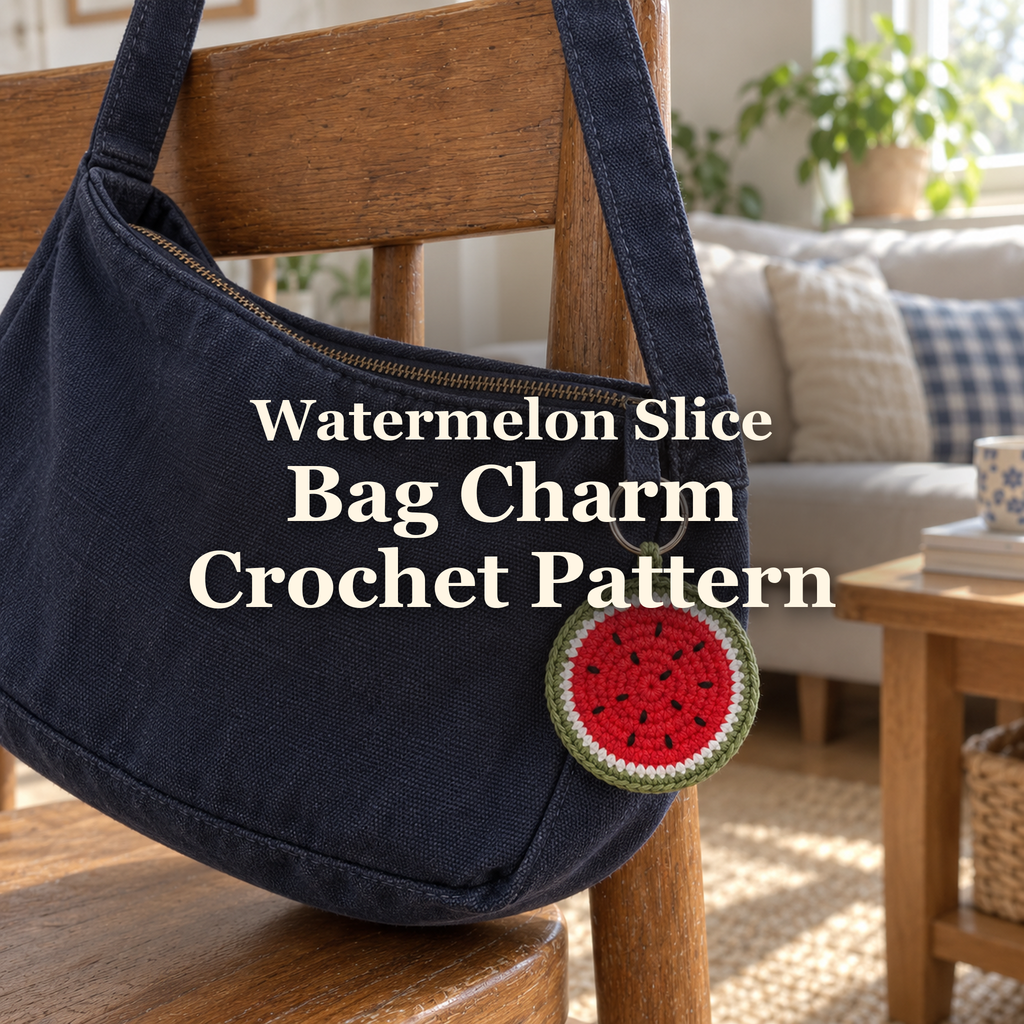 A round crochet watermelon bag charm with red flesh, black seeds, a white band and green rind hangs from a navy canvas bag on a wooden chair in a sunlit living room, beneath the title Watermelon Slice Bag Charm Crochet Pattern.