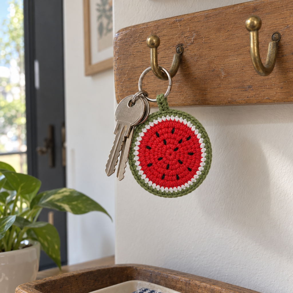 A round red, white and green crochet watermelon charm hangs beside two house keys from a brass hook on a wooden key rail near a front door.