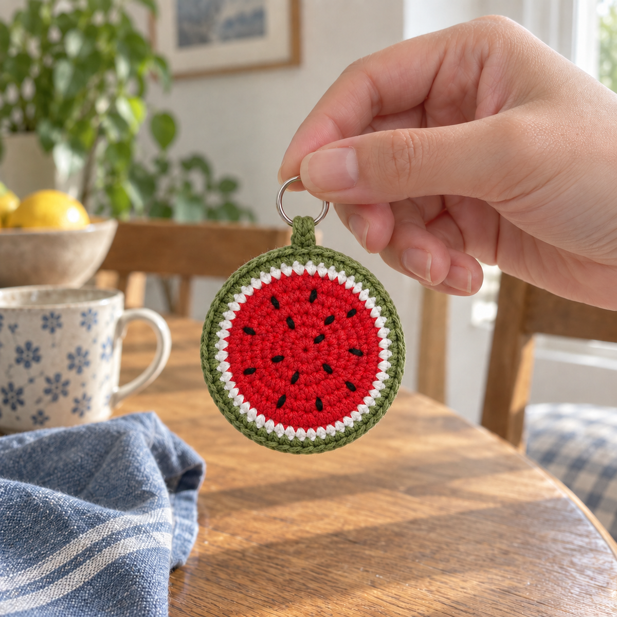 An adult hand holds the silver ring of a round red, white and green crochet watermelon charm above a wooden table with a ceramic mug and blue linen cloth.