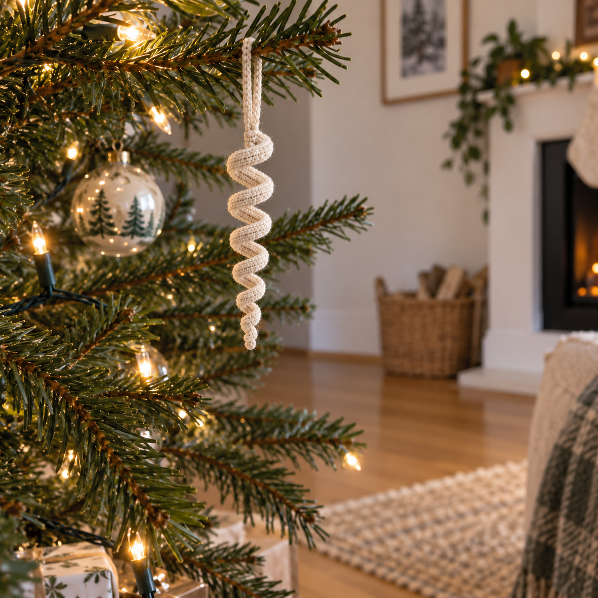 An off-white crochet icicle spiral hanging by its yarn loop on a green Christmas tree with small warm-white lights.