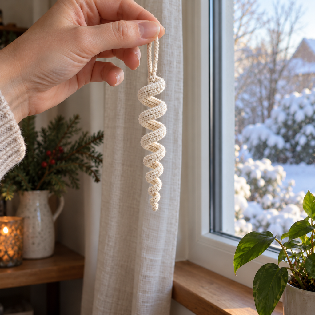 An adult hand holding an off-white crochet icicle spiral by its yarn loop beside a home window.